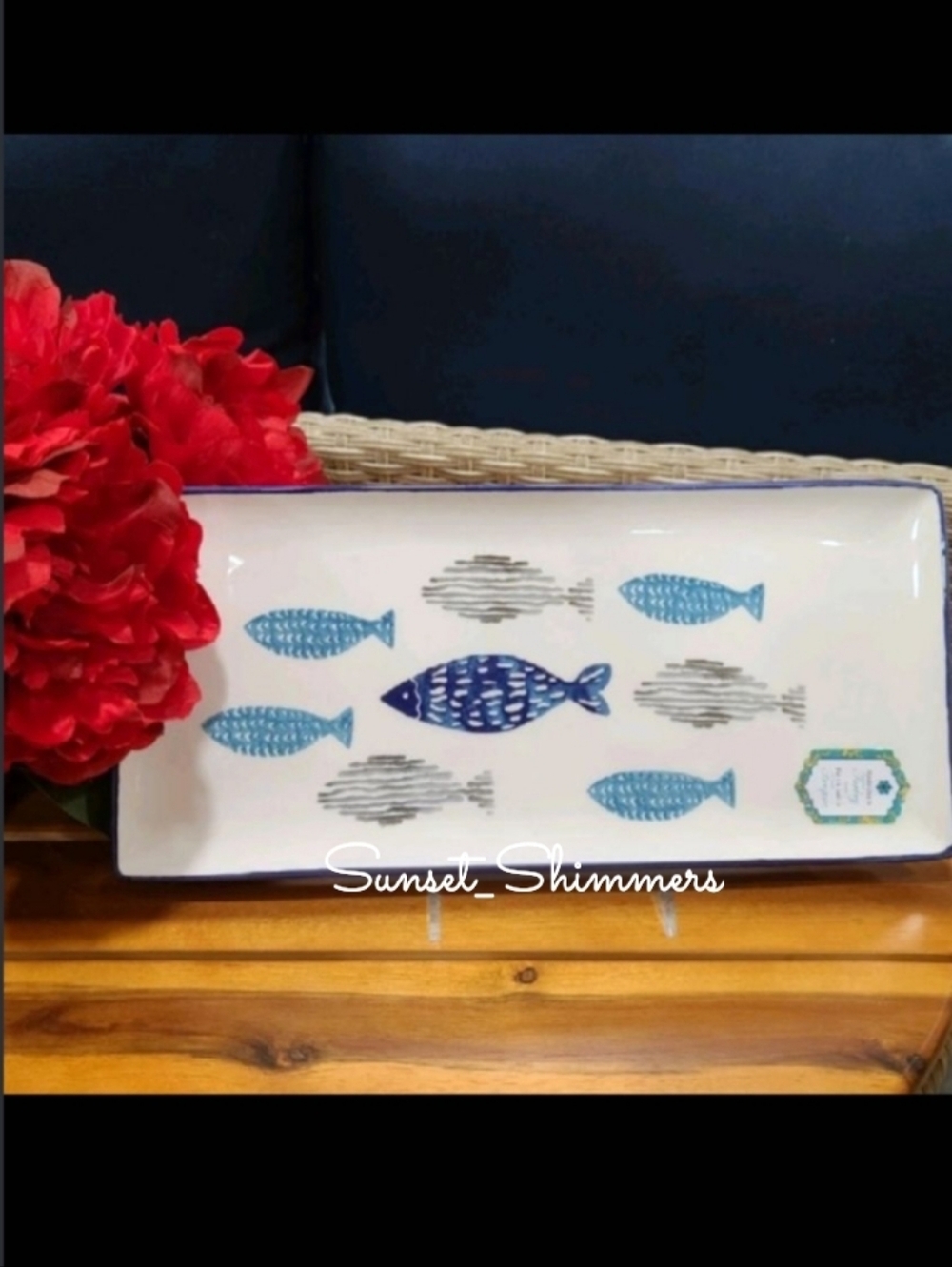 Papart Ceramic Turkish Coastal Blue Gray FISH hand painted Serving Tray Platter